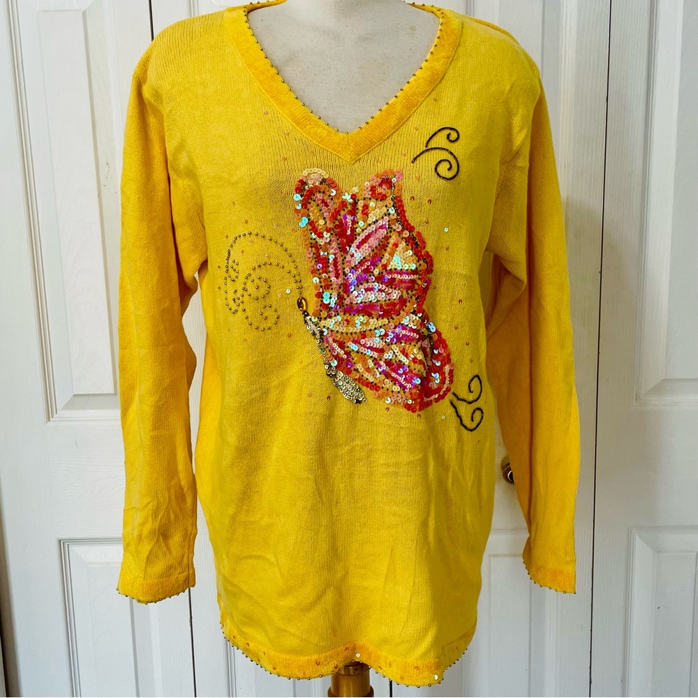 Quacker Factory Yellow Sequin Beaded Butterfly V-Neck Sweater